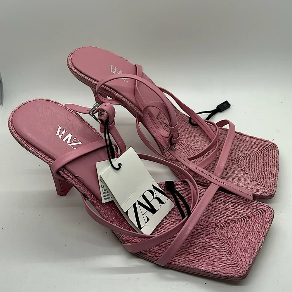 Zara Sexy Light Pink Strappy Leather High Heels Shoes **Size 39/US 8** 🌸🌸 - Picture 1 of 9
